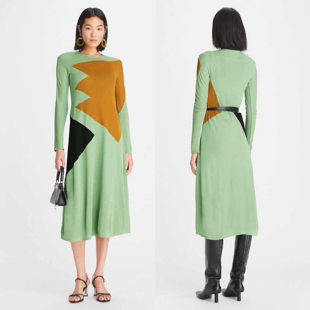 Tory Burch Colorblock Honeycomb Jersey Dress Size 0 Runway Geometric Green
